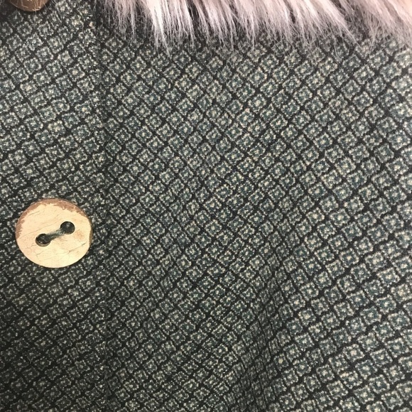 Maison Cherie Green Black 100% Wool Geo Print Coat With Fur Collar - Picture 6 of 11